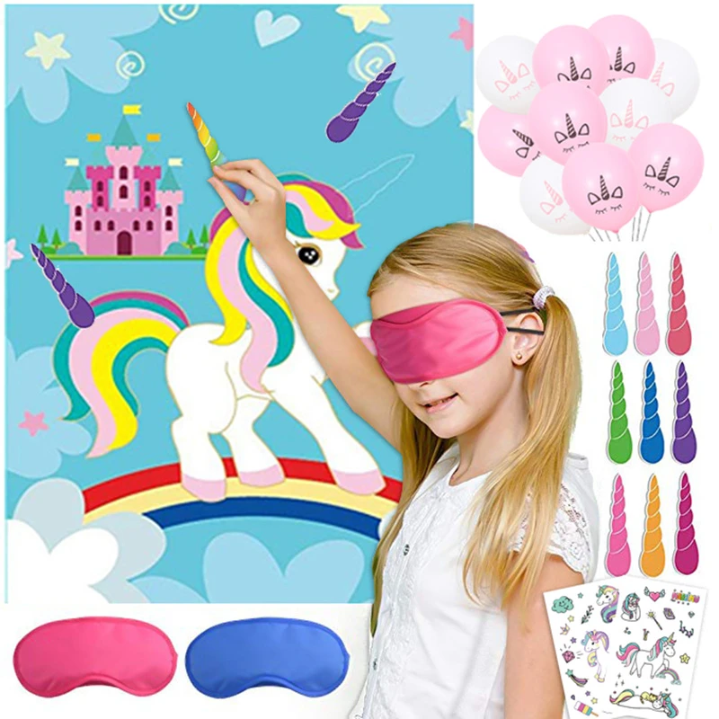 Cute Children Kids Party Decoration Supplier Cartoon Unicorn Pin Game Set 1pcs Unicorn Poster+ 12 Unicorn Horns +1 Blindfolds