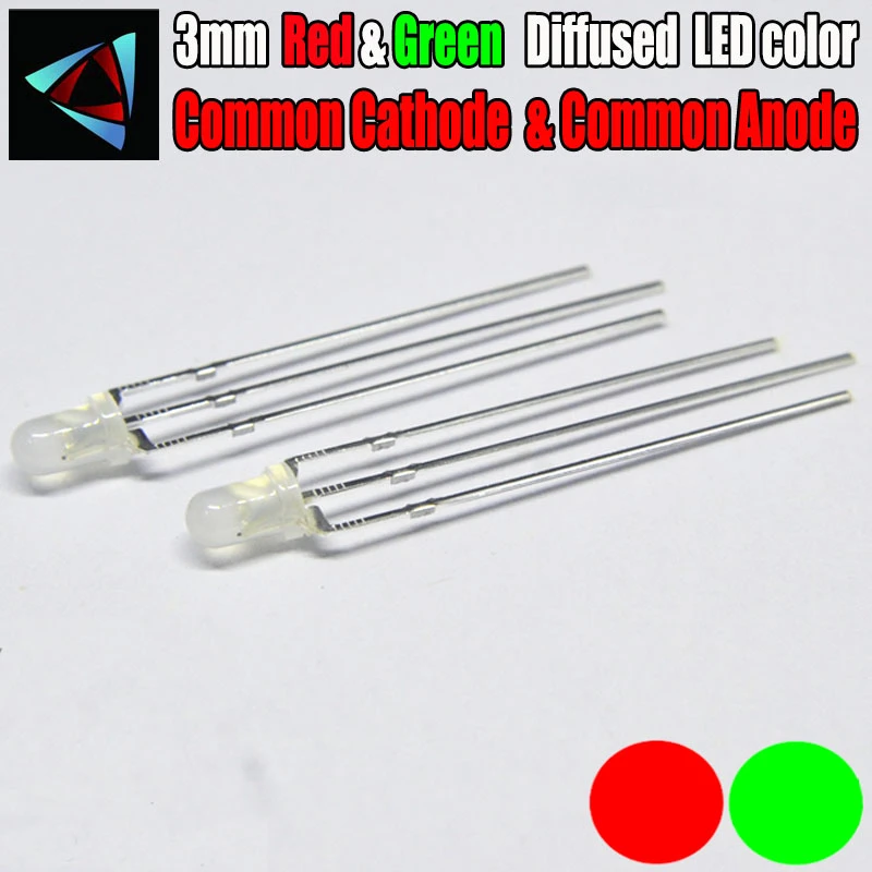 50pcs LED 3mm Diffused Green And Red Common Cathode Common Anode 3 Pin Round 3 mm Bi-Color LED Through Hole Light-Emitting Diode