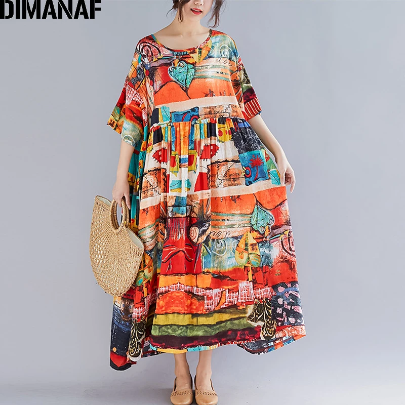 DIMANAF Oversize Women Print Dress Summer Sundress Cotton Female Lady Vestidos Loose Casual Holiday Maxi Dress Big Size 5XL 6XL