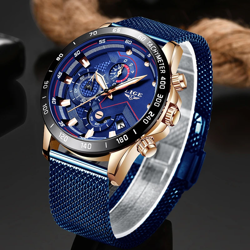 2021 New Fashion Casual Mens Watches Luminous LIGE Top Brand Luxury Wristwatch Quartz Clock Blue Watch For Men Relogio Masculino