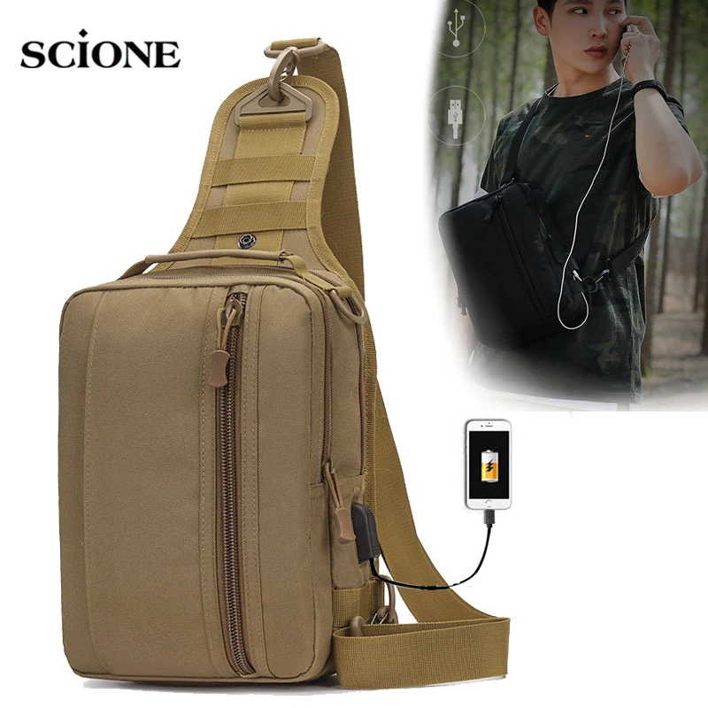 USB Charging Chest Bag Hiking Bag Military Tactical Men Army Bags Camouflage Shoulder Sling Fishing Blaso Travel Camping XA843WA