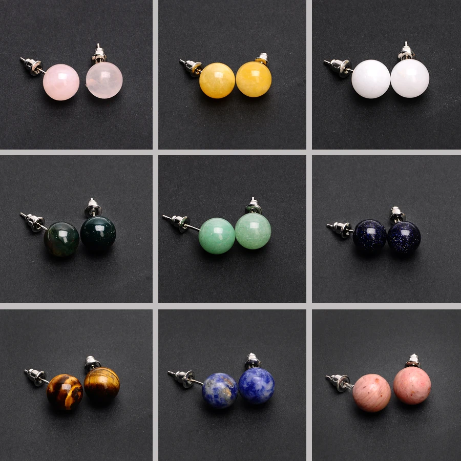 9 Color Round ball Beads Natural Stone Stud Earrings For Women Elegant Fashion Jewelry Brincos Aretes bijoux femme