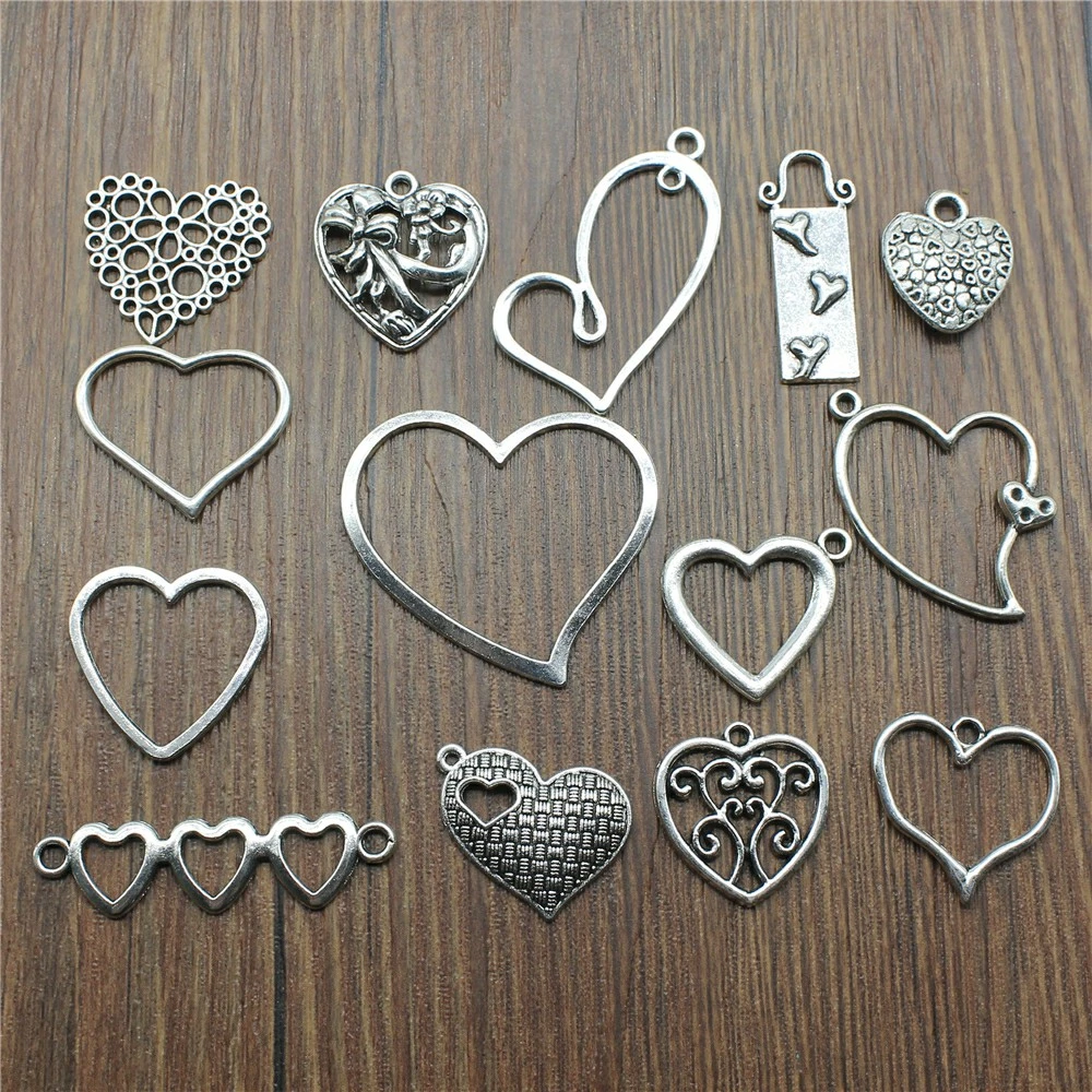 10pcs Antique Silver Color Heart Charm Pendants Jewelry Accessories Hollow Heart Charms For Jewelry Making