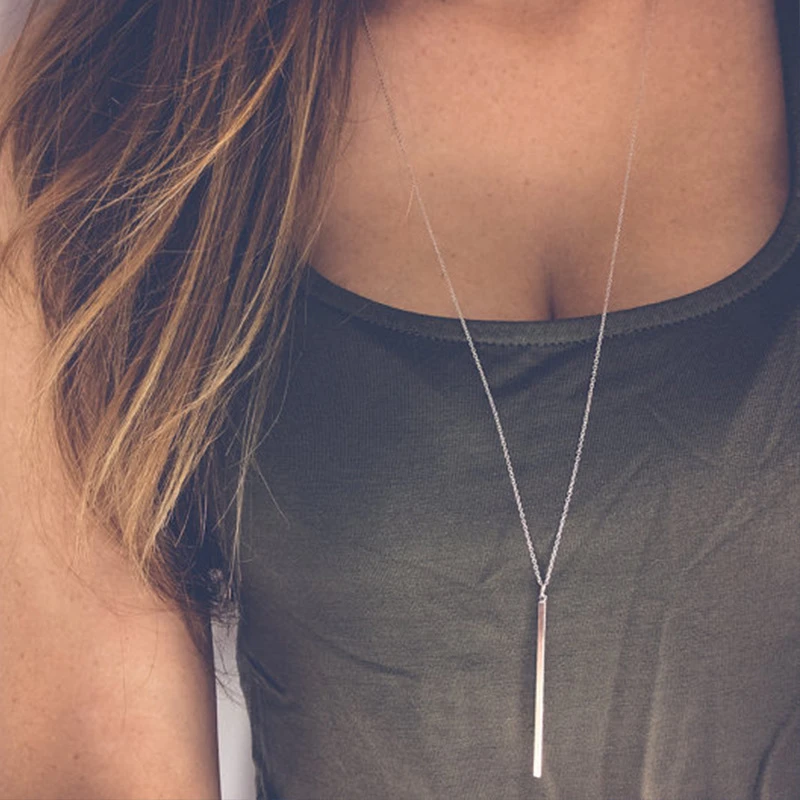 Hot Simple Stick Pendant Bar Long Necklace Hollow Girl Long Link Chain Square Copper Necklaces Long Strip Jewelry for Women Gift