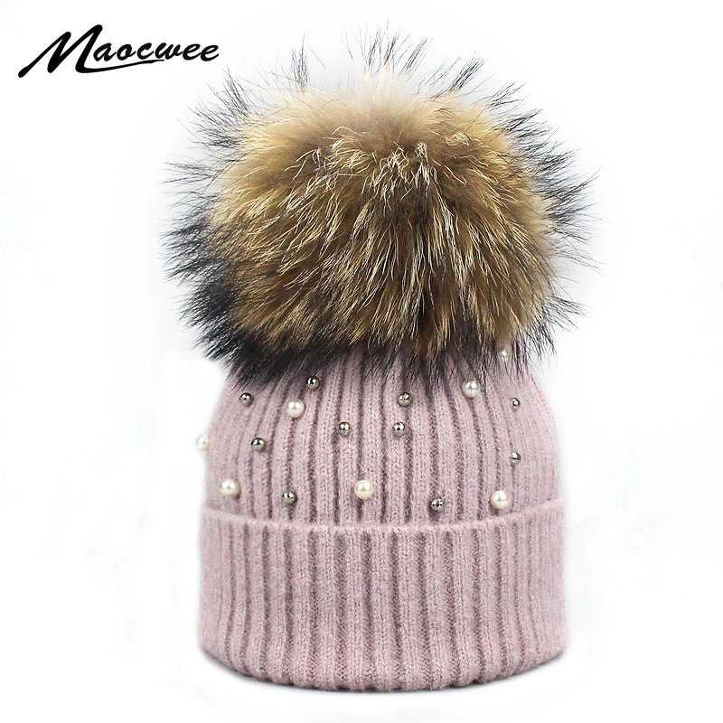 New Wool Beanies Women Real Natural Fur Pom Poms Fashion Pearl Knitted Hat Girls Female Beanie Cap Pompom Winter Hats for Women
