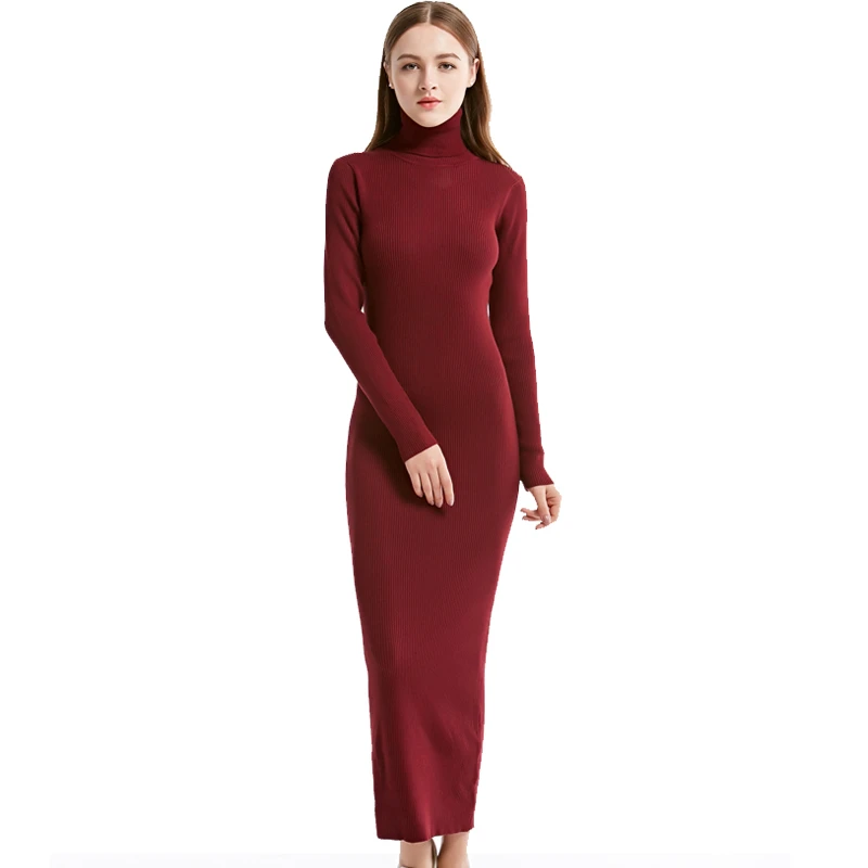 2021 New Fashion Women Sexy Party Dress Knit style Long Sleeve Turtleneck Winter Maxi Dress Slim Work Wear Office Dress Vestidos