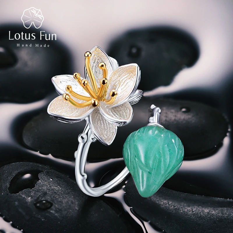 Lotus Fun Real 925 Sterling Silver Natural Aventurine Gemstones Flower Ring Fine Jewelry Lotus Whispers Rings for Women Bijoux