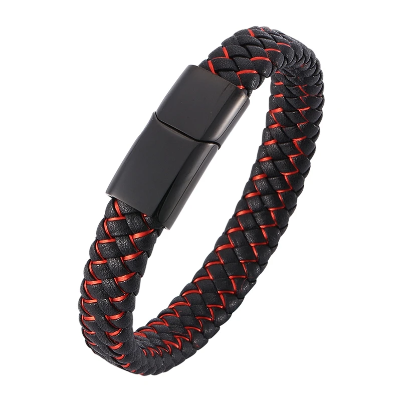 Newest Men Trendy Bracelet Jewelry Black Red Mixed Weave Leather Bracelet Stainless Steel Magnetic Clasp Male Bangles SP0013