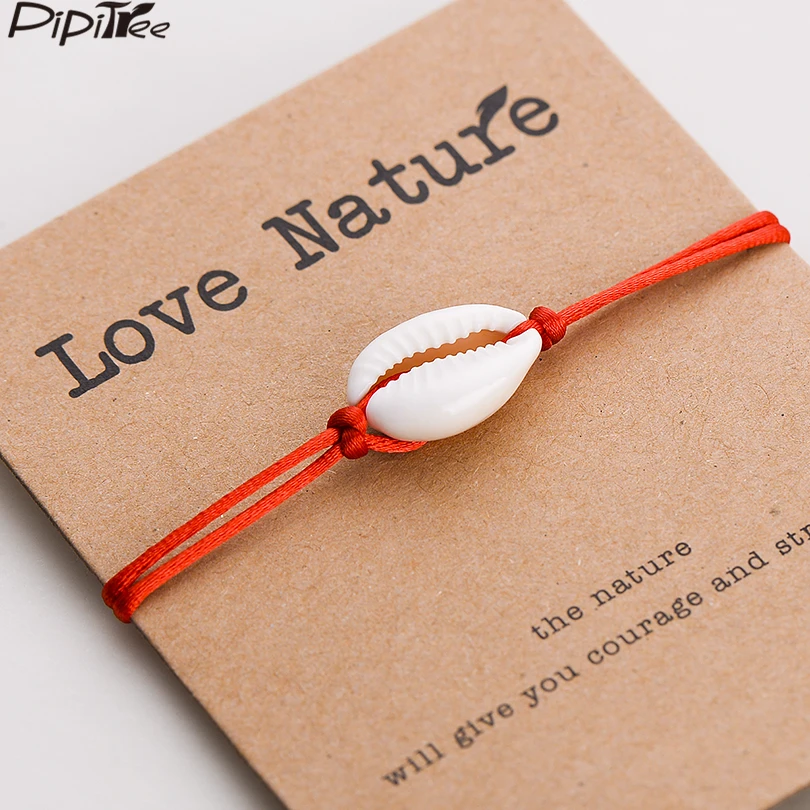 Pipitree Love Nature Shell Charm Bracelet Kraft Paper Wish Card Gift Handmade Red String Bracelets for Women Men Kids Jewelry