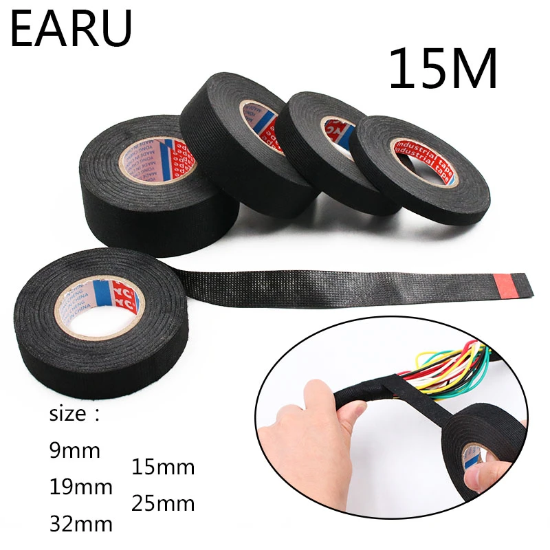 1pc Heat-resistant Adhesive Cloth Fabric Tape For Car Auto Cable Harness Wiring Loom Protection Width 9/15/19/25/32MM Length 15M