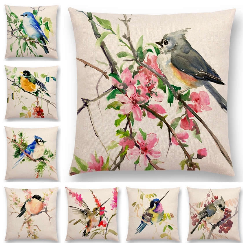 Watercolor Lovely Birds Cushion Cover Robin Tit Finch Hummingbird Goldfinch Sparrow Prints Pillow Case