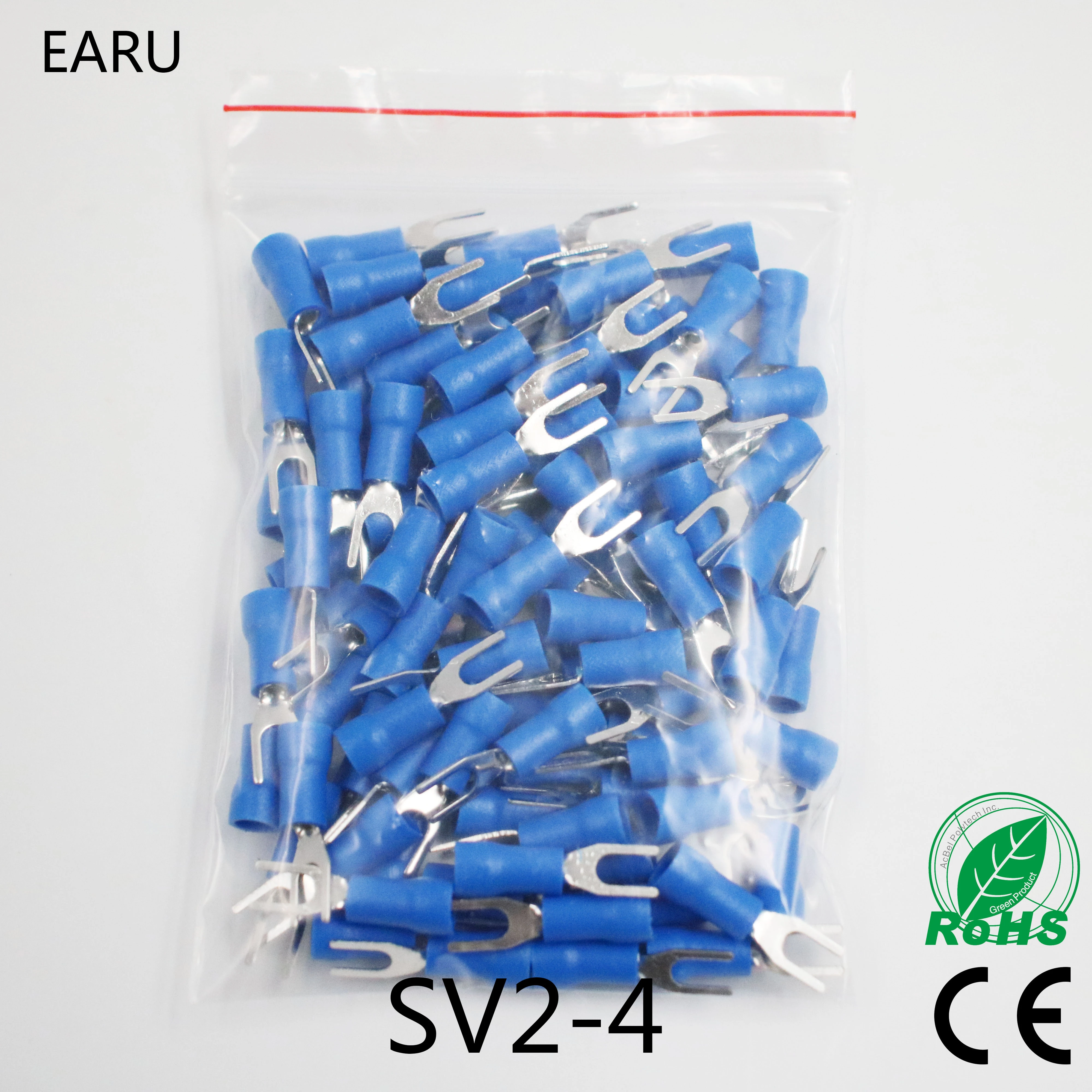 SV2-4 Blue Furcate Cable Wire Connector 100PCS/Pack Furcate Pre-Insulating Fork Spade 16~14AWG Wire Crimp Terminals SV2.5-4 SV