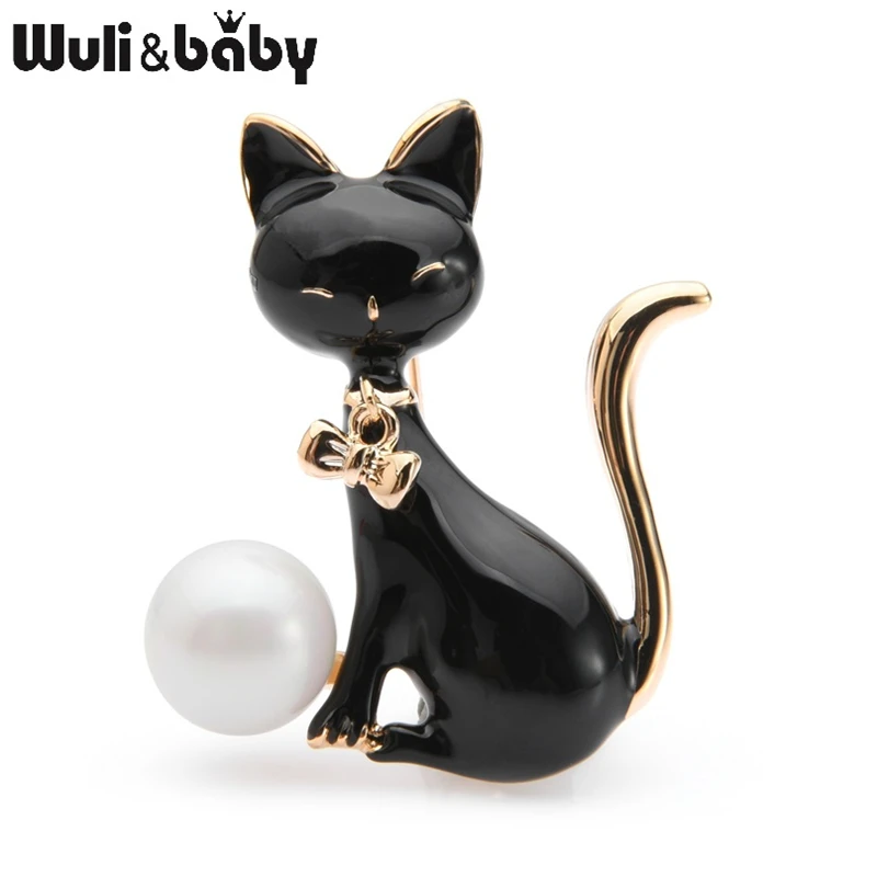 Wuli&baby Black White Cat Brooches Women Alloy Animal Enamel Brooch Pins