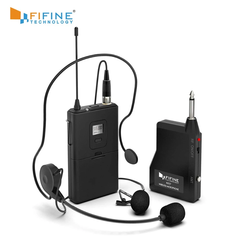 Fifine 20-Channel UHF1/4‘’ Inch Output wireless microphone with lavalier & headset mic suit for speaker cell phone  camera K037B
