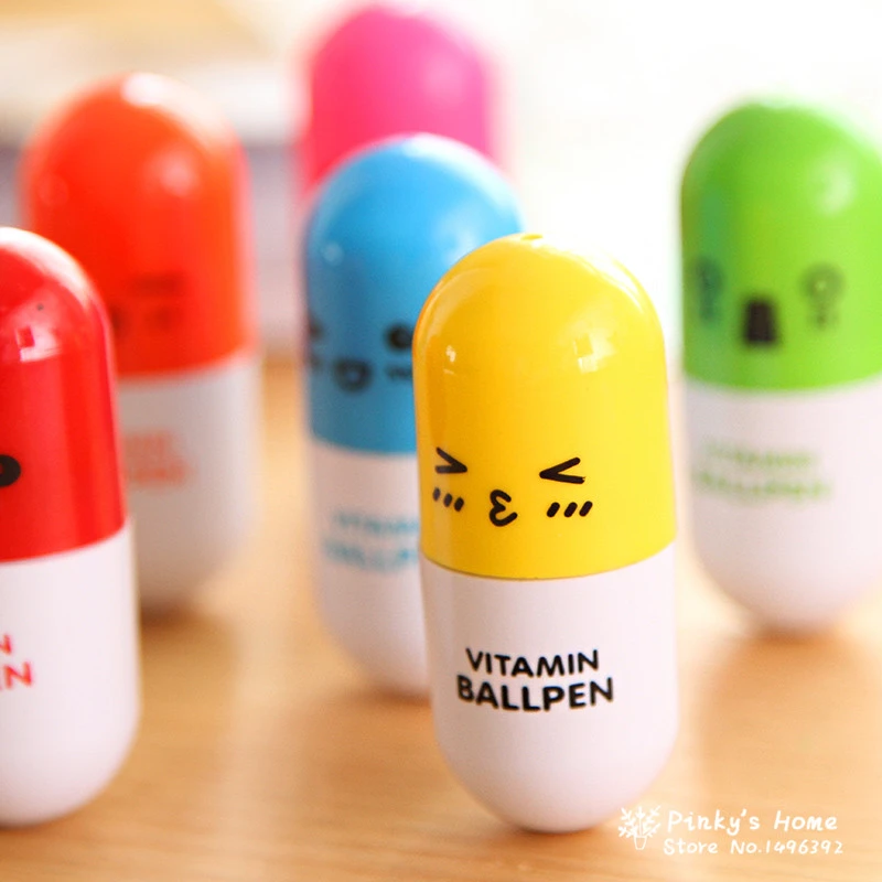 6pcs/lot Korea Stationery Smiling Face Pill Shape Ballpoint Pen Cute Cartoon Favor Retractable Ball Pen