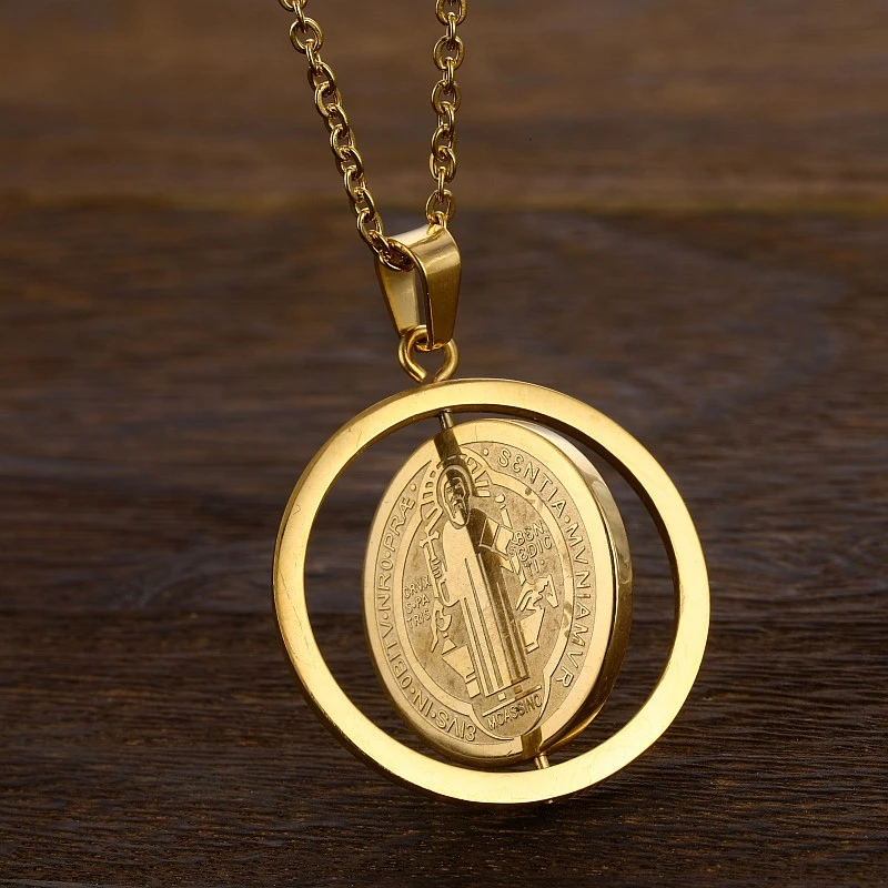 San Benito Medal Pendant Gold Color Stainless Steel Rotatable Jesus Pendants & Necklaces for Religious Jewelry Medallion Ma'le