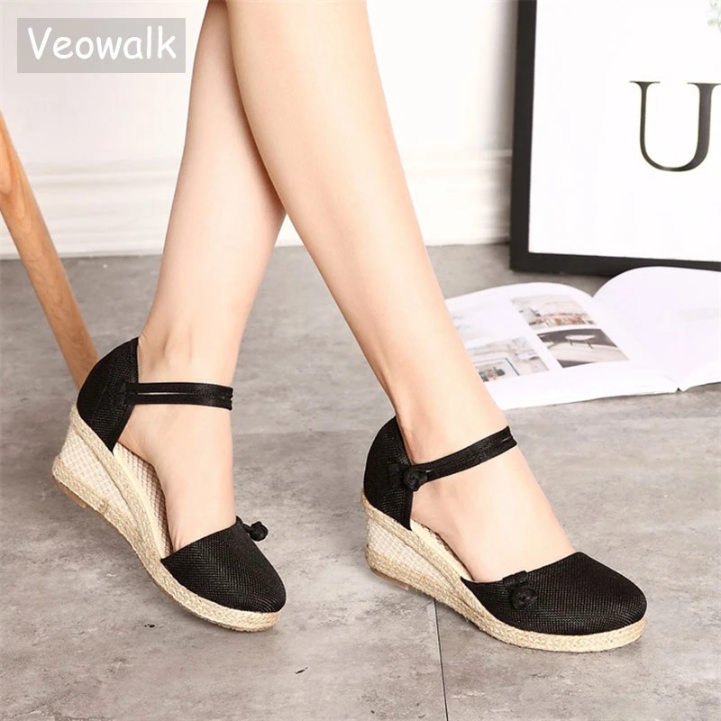 Veowalk Vintage Women Sandals Casual Linen Canvas Wedge Sandials Summer Ankle Strap 6cm Med Heel Platform Pump Espadrilles Shoes