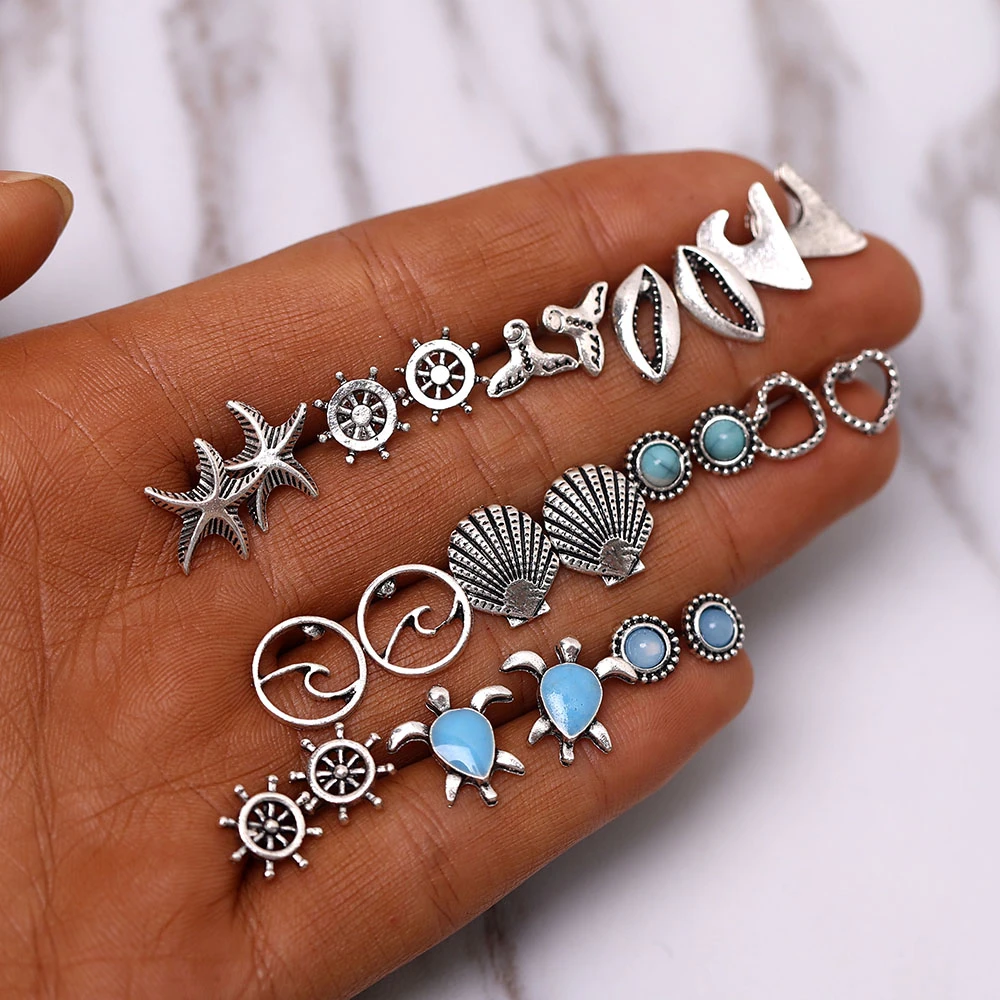 Bohemian Starfish Wave Turtle Shell Stud Earrings Set For Women Vintage Rudder Heart Round Earring Statement Jewelry 2019 New