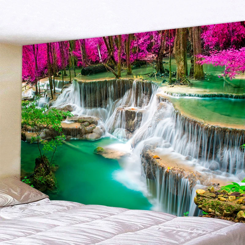 Wholesale 3D Beach Towel Waterfall Landscape Beautiful Forest Stream Printing Wall  Carpet Yoga Mat Home Decor Tapestry