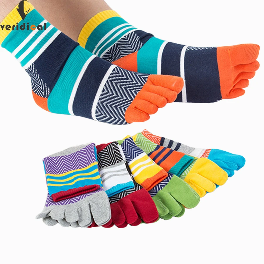 5 Pairs/Lot Mens Summer Cotton Toe Socks Striped Contrast Colorful Patchwork Men Five Finger Socks Free Size Basket Calcetines