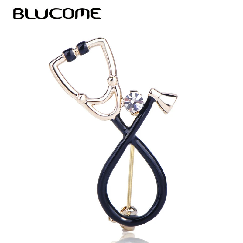 Blucome Black Stethoscope Shape Brooch Shiny Crystal Enamel Pins Accessories For Nurse Gifts Clothes Brooches Lapel Pin Jewelry