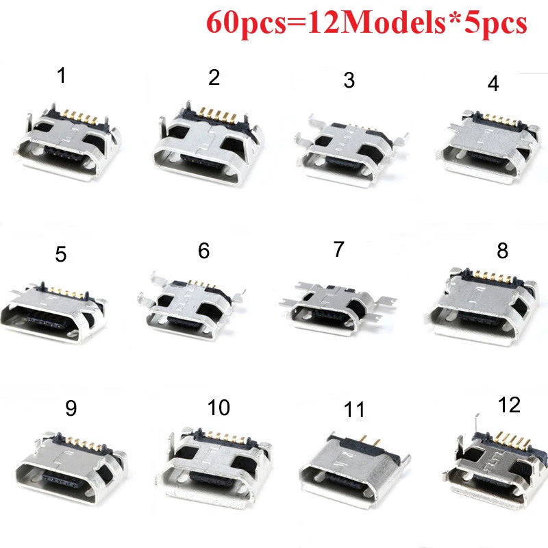 60pcs=12 Models Micro USB Connector 5Pin usb Jack Socket Female For MP3/4/5 And Other Mobile Tabletels