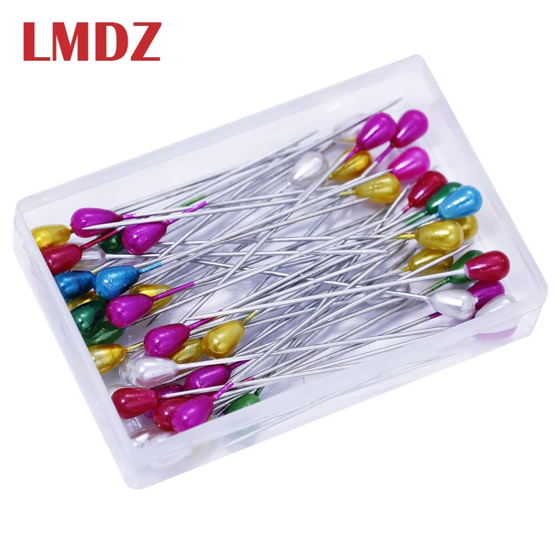 LMDZ 100Pcs Extra Long Pearl Head Pin Straight Sewing Pins for Corsage Dressmaking Florists Sewing Pins with Plastic Box