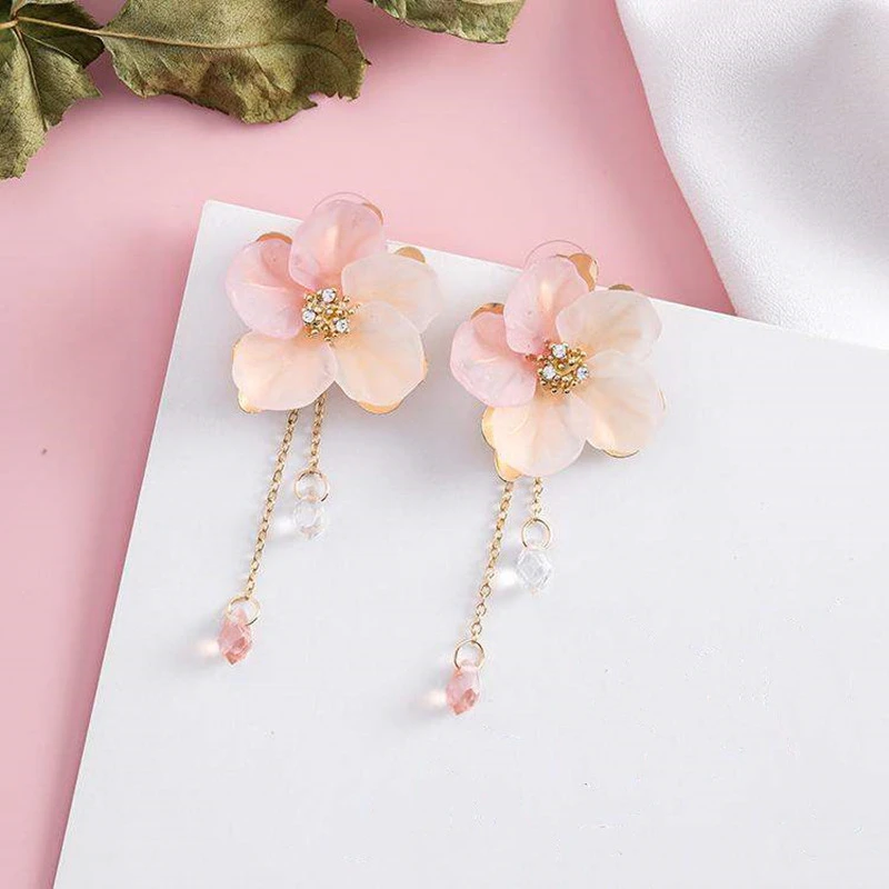 Dominated The new Simple shell flower sweet tassel earrings frosted crystal long petals eardrop Women Drop earrings Jewelry