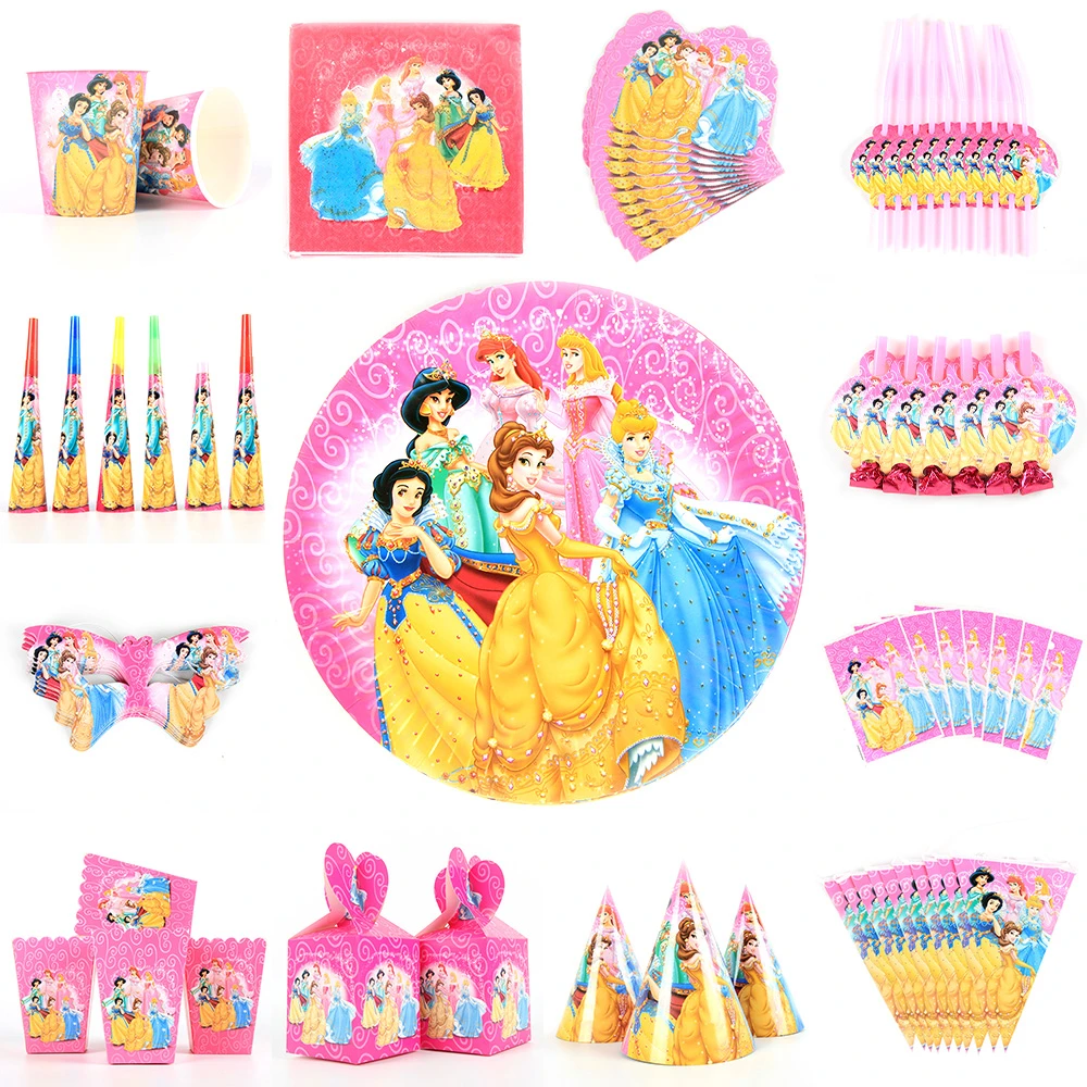 Disney Princess Happy Kids Girls Birthday Party Decoration Set Party Supplies Cup Plate Banner Hat Straw Loot Bag