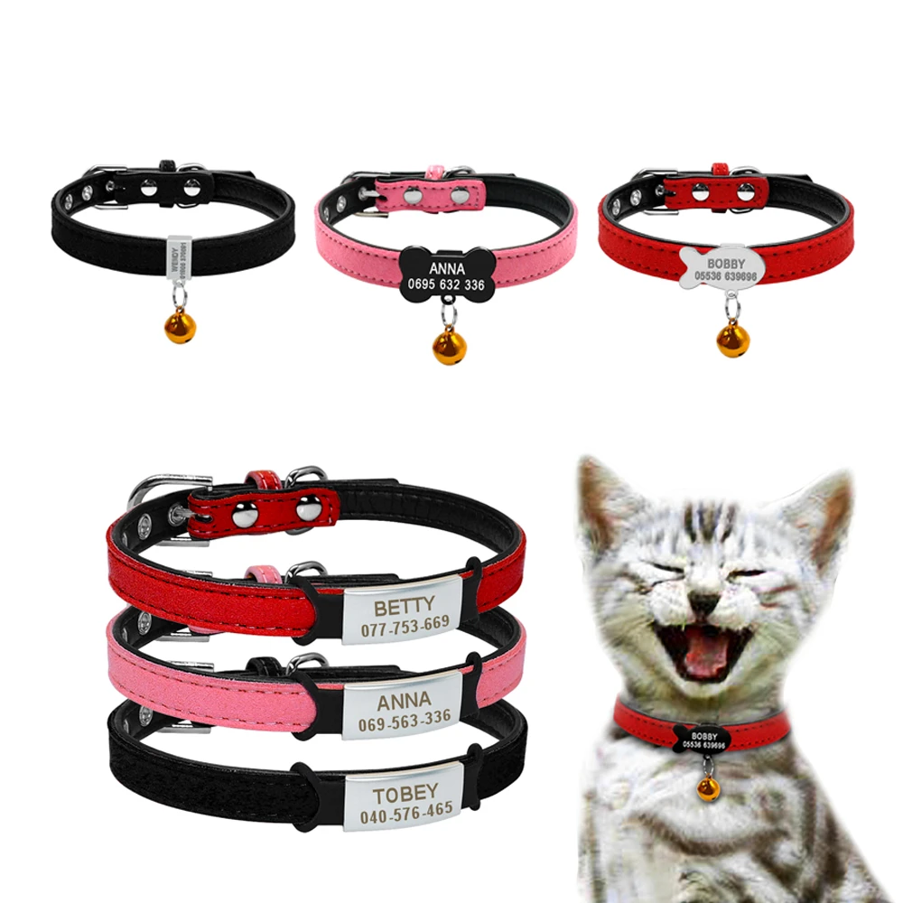 Soft Dog Cat Collar with Bell Personalized Safety Cat Name Id Collars and Tag Set Dog Cat Accessories Small Pet Puppy Collars