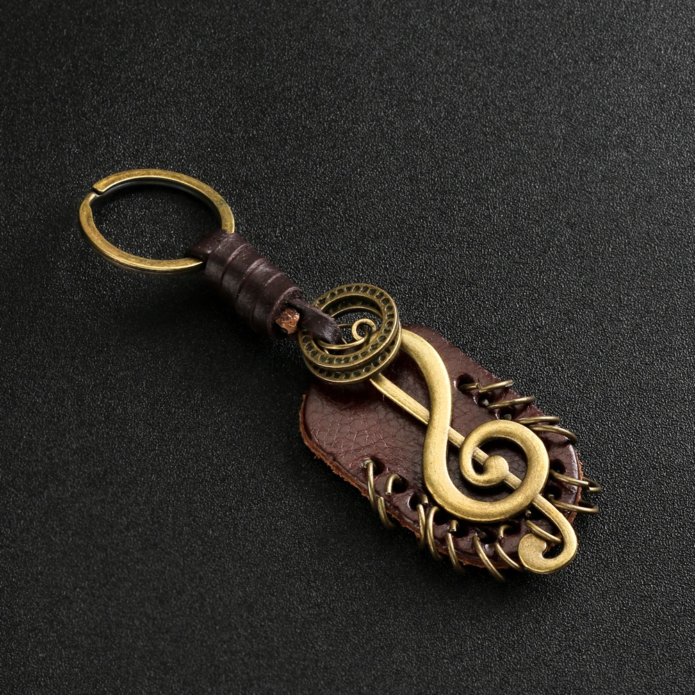 2021 Fashion Vintage Brown Genuine Leather Wing Compass Music Symbol Keychain Charm Handwork Alloy Accessories Men Key Chain