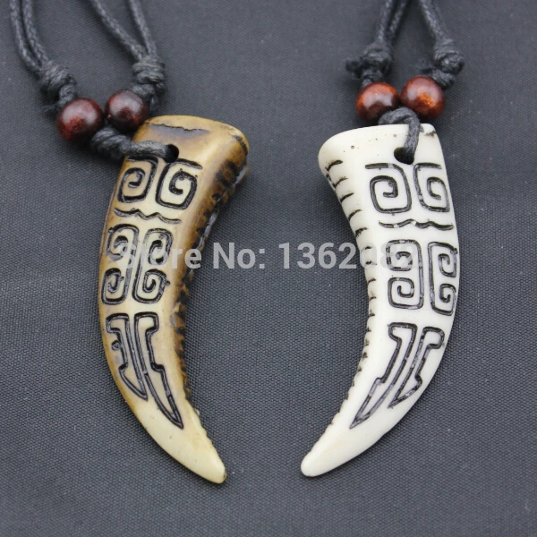 Cool boy men's imitation Yak Bone Carved Pendant Wolf Tooth Necklace Amulet Tooth Adjustable Rope Gift MN164