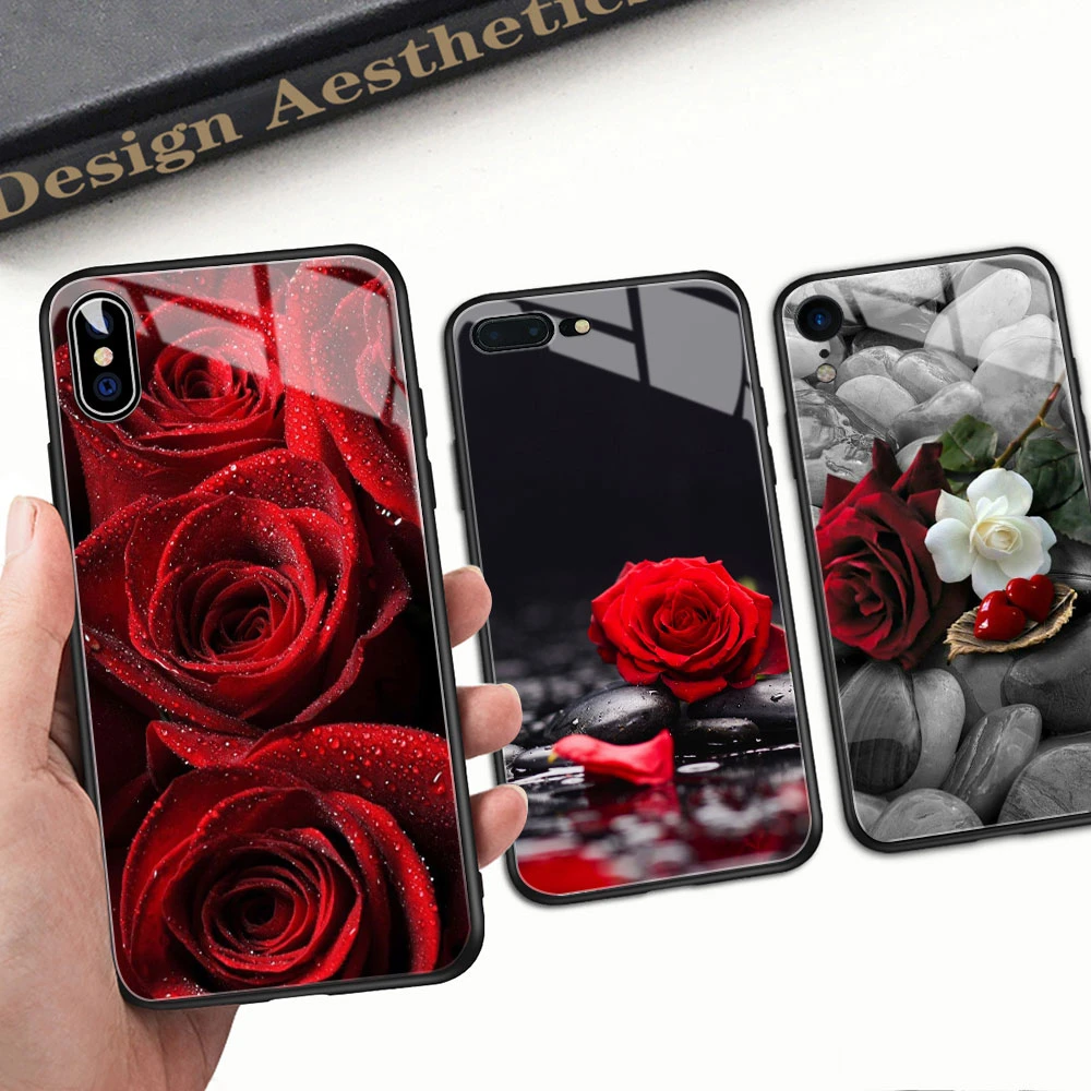 FinderCase for iPhone 13 Case Hard Back Cover Glass Red Rose Floral Case for iPhone 6 6S plus 8 7 plus X XR XS MAX 11 12 pro max