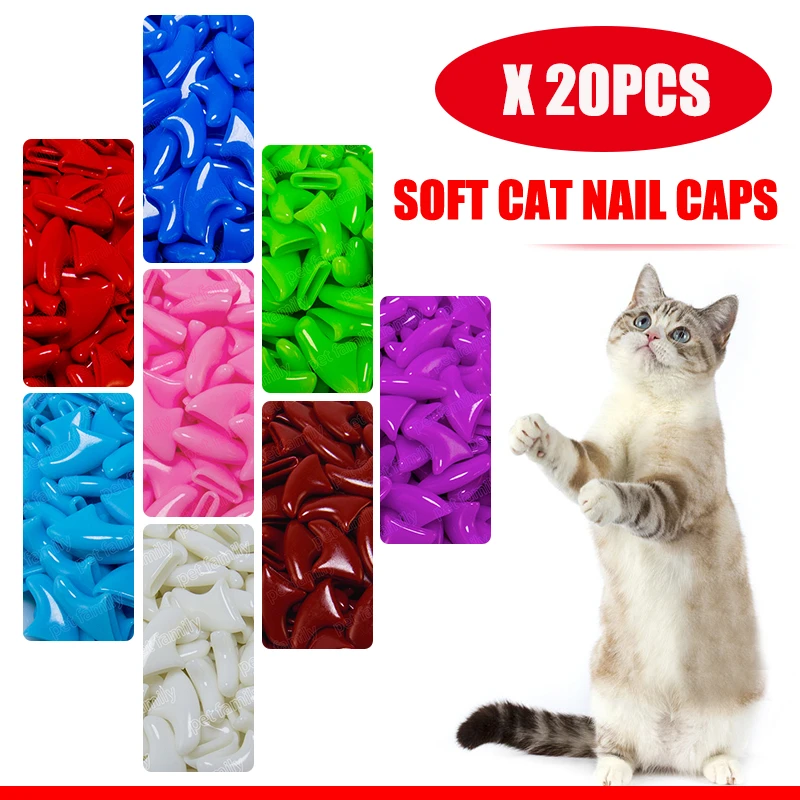 20Pcs Soft Cat Nail Caps Pet Paw Claws Nail Grooming Protector Cover With Free Adhesive Glue+ Applicator XS S M L