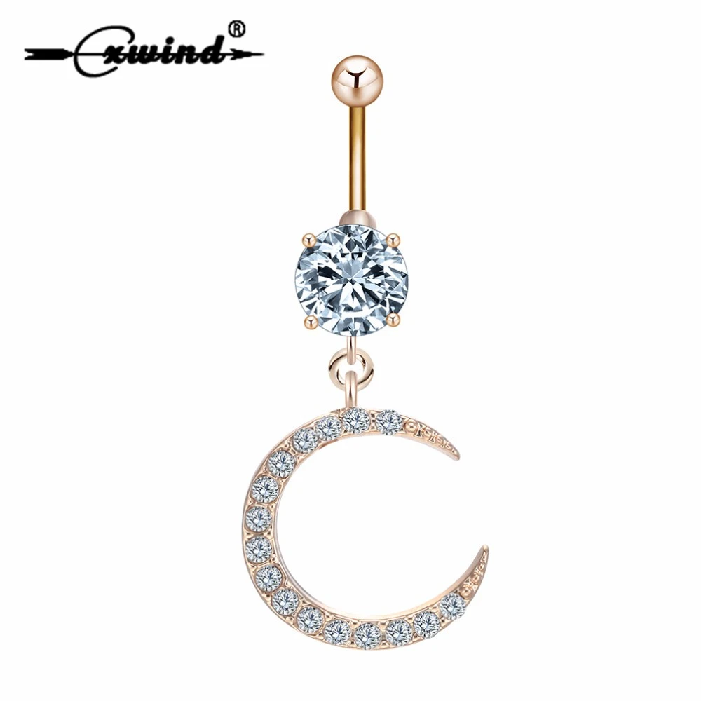 Cxwind Cute Water Drop Zircon Moon Dangle Button Barbell Belly Navel Piercing Ring Bar Body Piercing Rings Women Nombril Jewelry