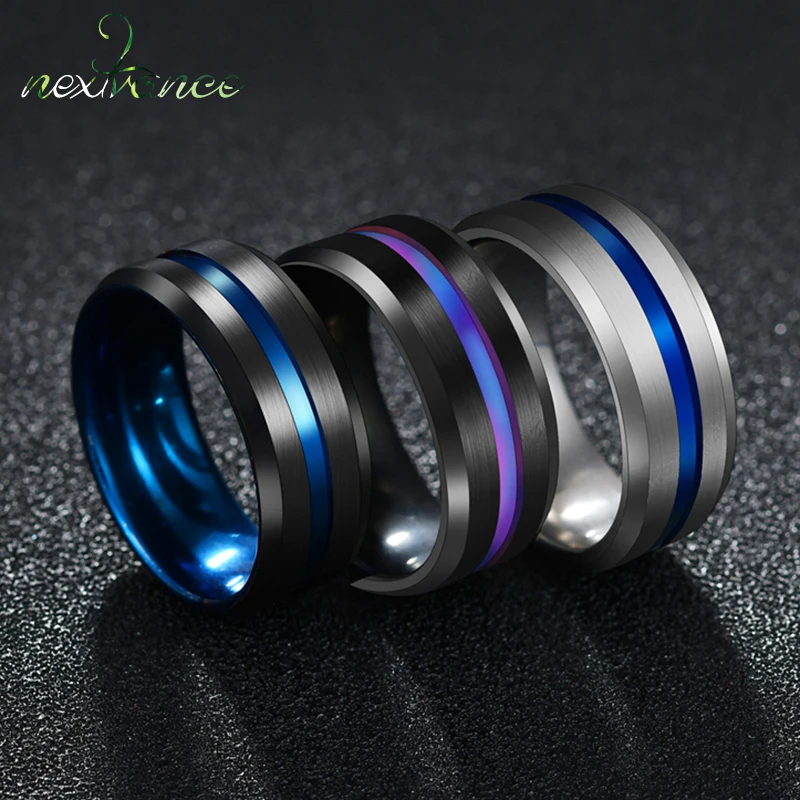 Nextvance Trendy 8MM Stainless Steel Black Blue Groove Ring For Men Wedding Bands Rainbow Rings Male Jewelry Drop shipping
