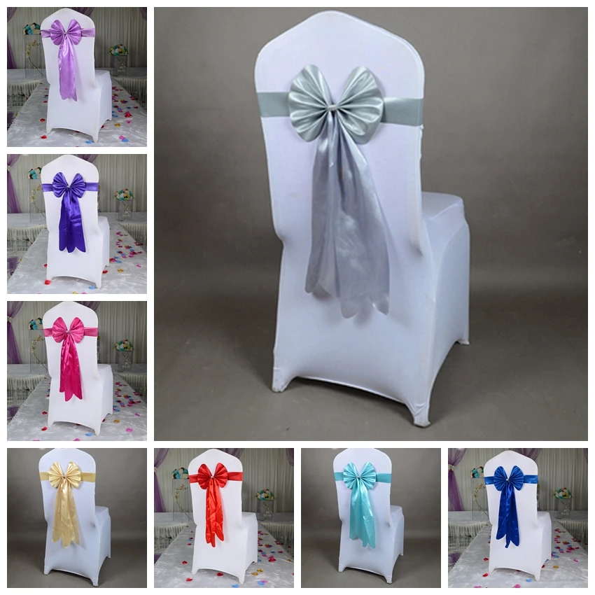 14 Colours Lycra Chair Sash Long Tail Butterfly Bow Tie Ready Made Sash Spandex Ribbon Wedding Chair Decoration Wholesale