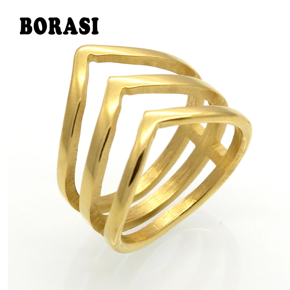 Promotion Sale BORASI Fashion Ring Golden Color Stainless Steel Jewelry Fashion Three V Shape Design Ring For Women