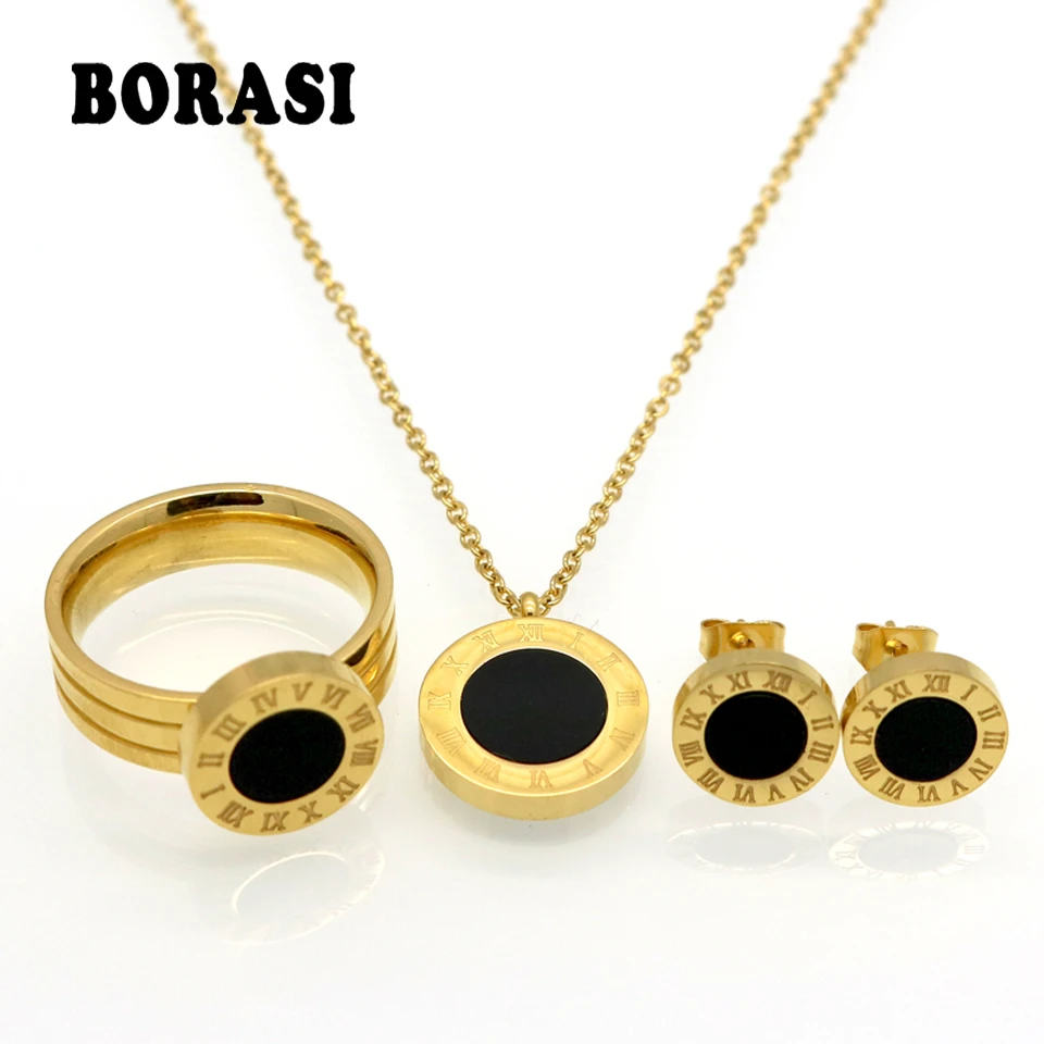 Fashion Women Brand Jewelry Roman Letter Gold Color Stainless Steel Pearl Shell Wedding Jewelry Sets Necklace+Earrings+Ring