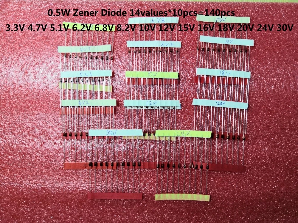 1/2w 1W 3.3 to 30V  14values*10pcs=140pcs 0.5W Zener Diode kits  Assorted Set electronic diy Assortment kit 4.7V 5.1V free ship