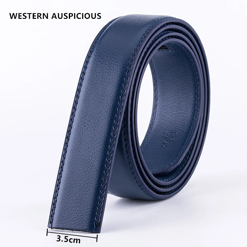 WESTERN AUSPICIOUS Belt No Buckle 3.5CM Cowskin Genuine Leather Belt Men Without Automatic Buckle Strap Blue Red Coffee Brown