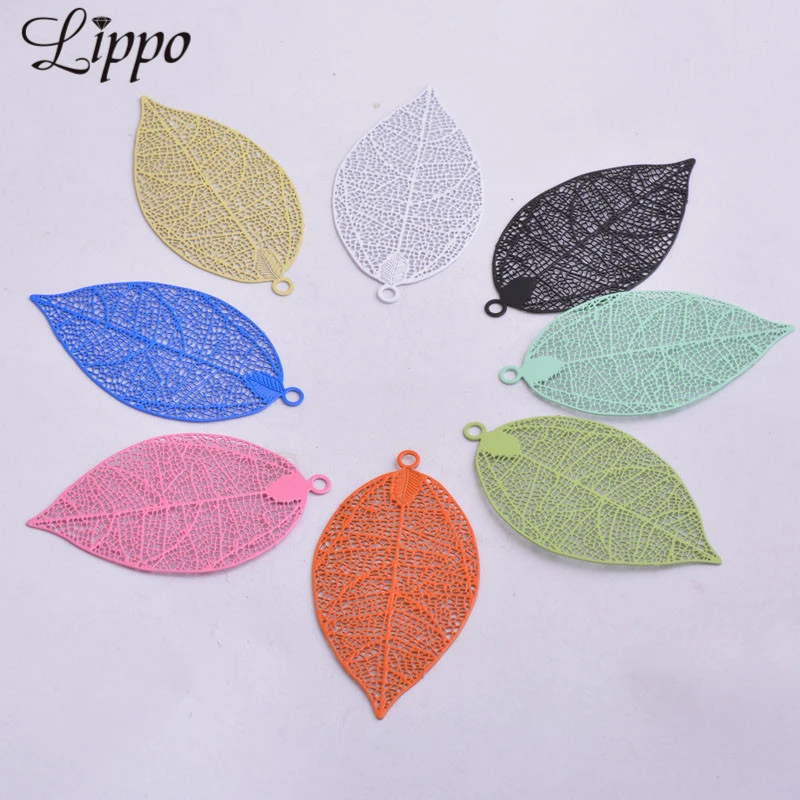 30pcs AA2247 49*26mm Hyperbole Filigree Leaf Charms Silver Color Leaves Brass Colorful Big Pendant Connectors Earrings Jewelry