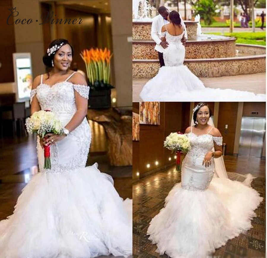 African Lace Vintage Mermaid Wedding Dresses Long Tiered Train Puff Crystal Beads Plus Size Wedding Gowns Women W0215