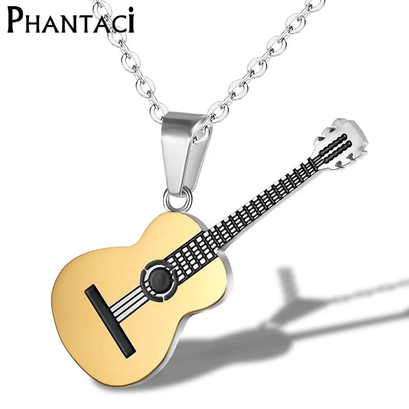 No Fade Guitar Shape 316L Stainless Steel Men or Women Necklaces Jewelry Hiphop Rock Slide Music Element Chains Necklace Pendant