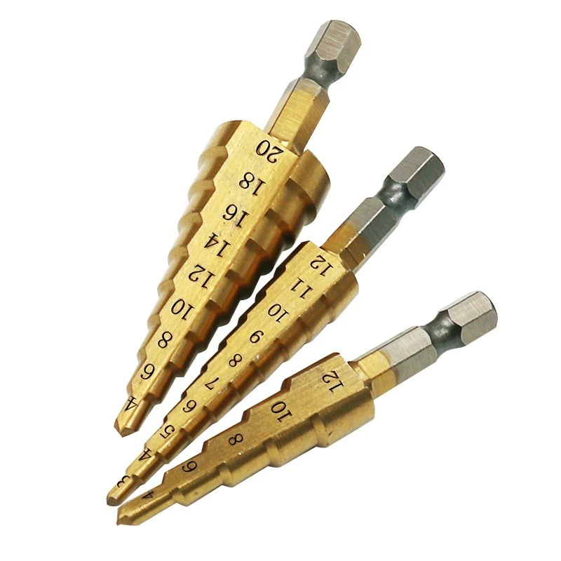 Hss Steel Titanium Coated Step Drill Bits 3-12mm 4-12mm 4-20mm Step Cone Cutting Tools Steel Wood Metal Drilling Power Set