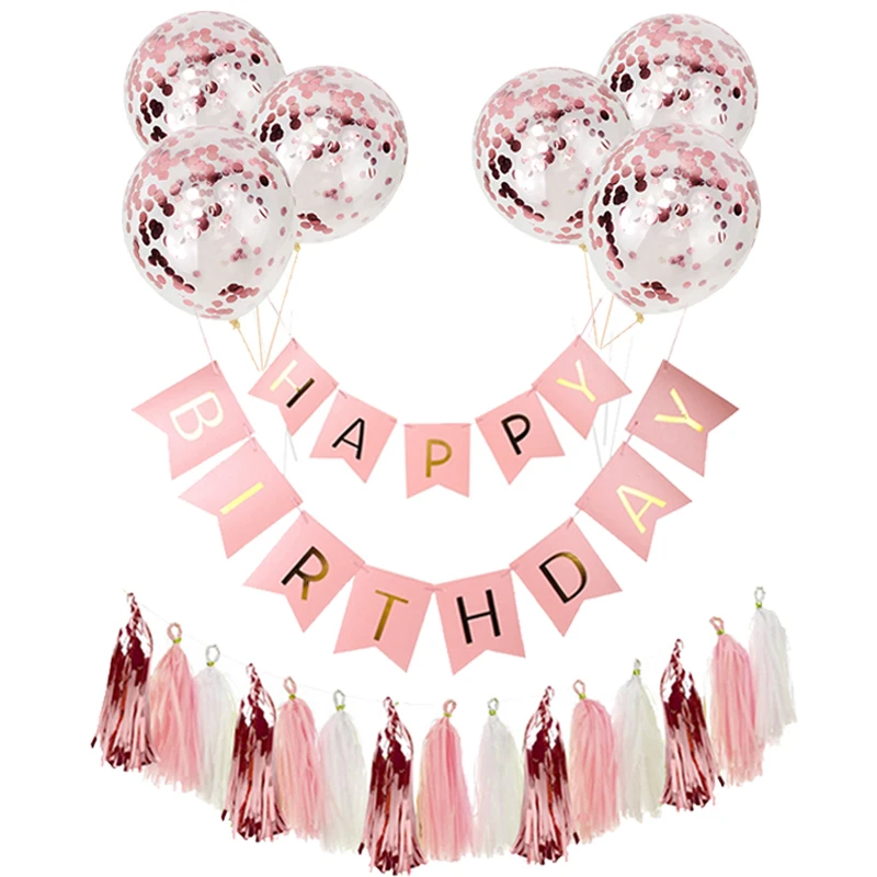 Happy Birthday Paper Banner Rose Gold Tassel Garland Party Decorations Adult Kids Baby First Boy Girl Confetti Balloon Supplies