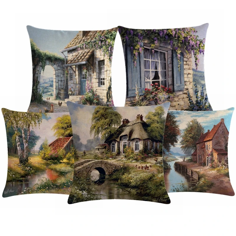 Country Scenery Oil Painting Printing Cushion Cover Linen Cotton Living Room Garden Decoration Throw Pillow Case