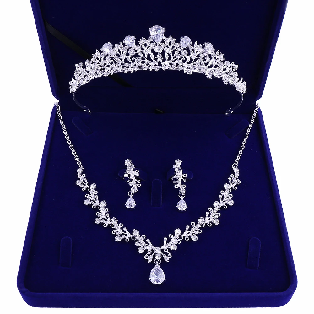 Luxury Noble Crystal Leaf Bridal Jewelry Sets Rhinestone Crown Tiaras Necklace Earrings Set for Bride African Beads Jewelry Sets