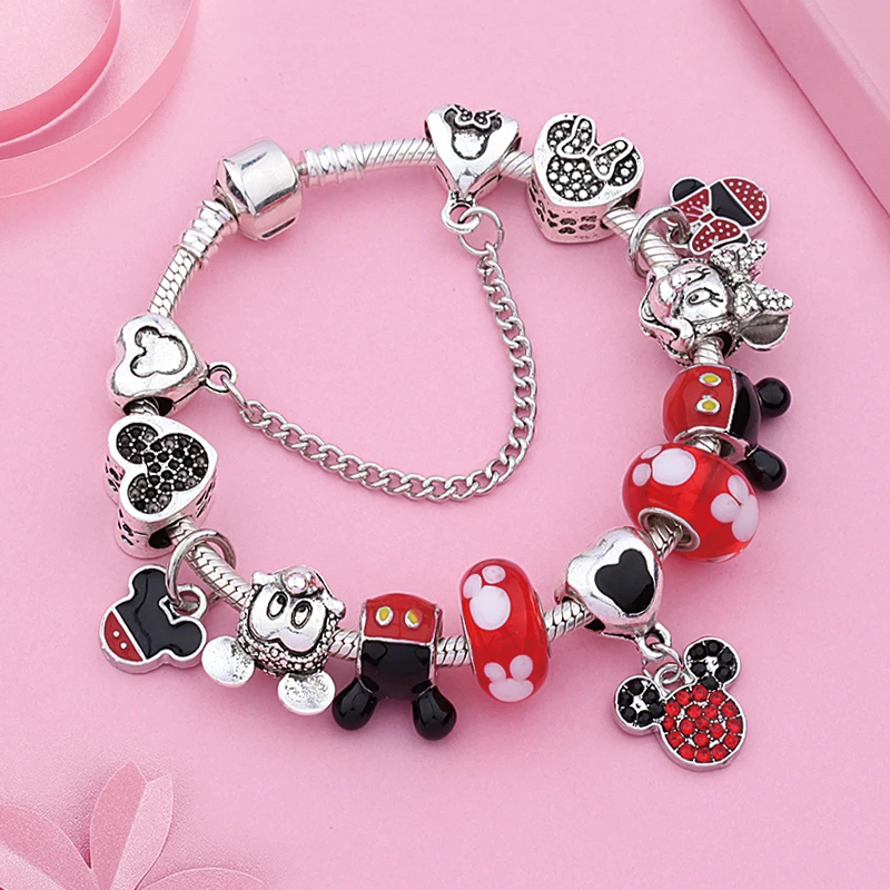2020 Classic Design Red Crystal Mickey Minnie Pendant Bead Bracelet Silver Color Heart Charm Jewelry Bracelet Pulsera Mujer