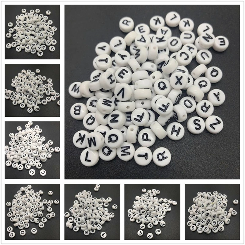 100pcs 7mm White Acrylic Spaced Beads Letter Beads Oval 26 Alphabet Beads For Jewelry Making DIY Bracelet Necklace